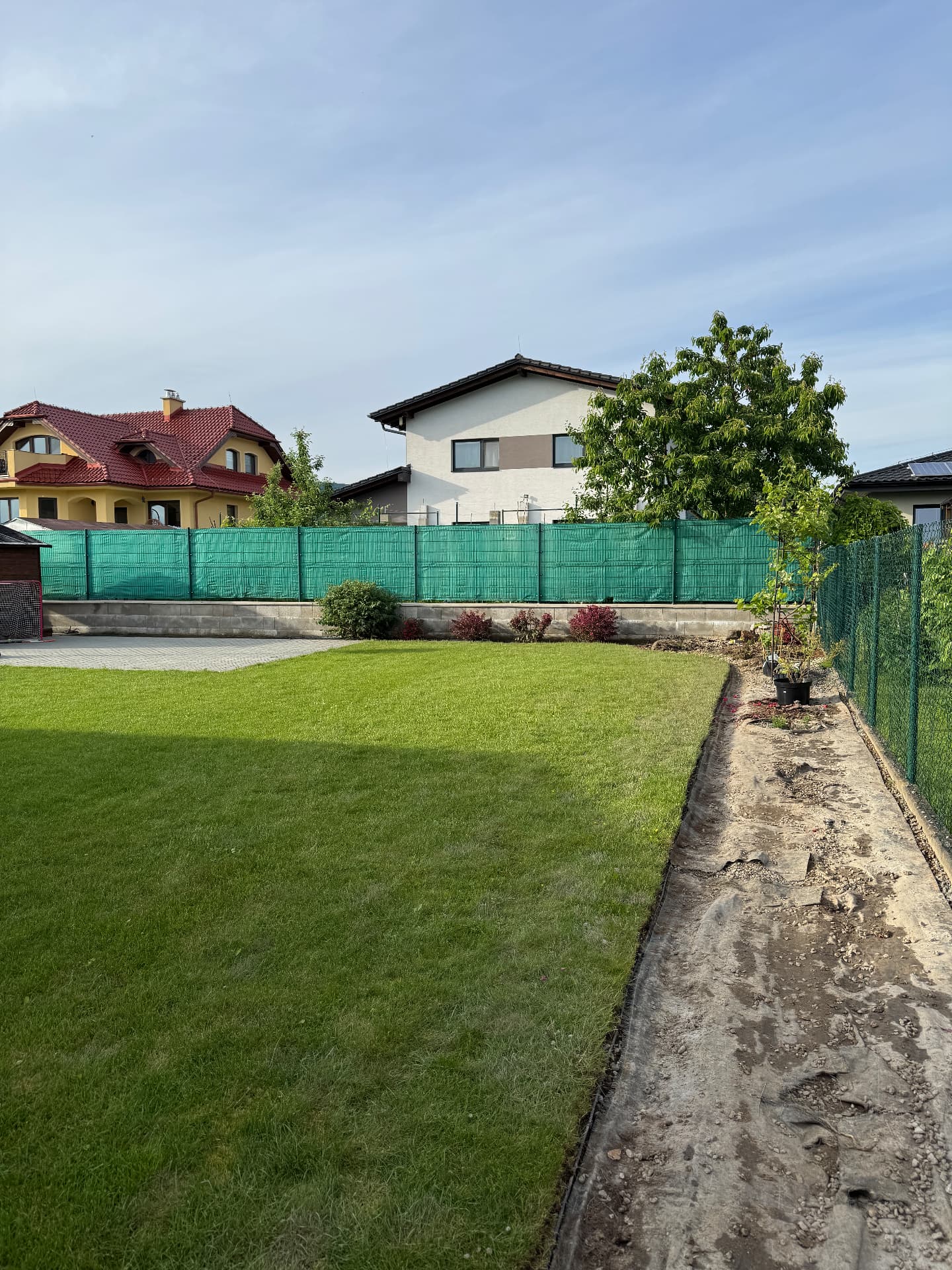 Založenie trávnika v Žiline – novozaložený trávnik a pripravený pás na výsadbu popri plote